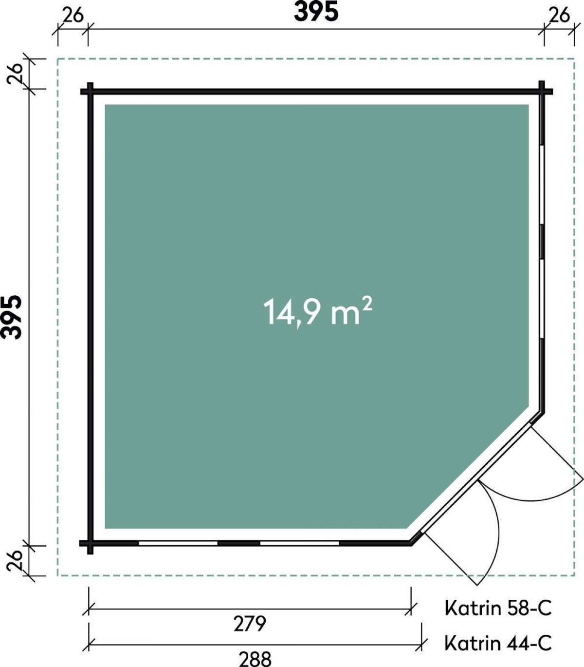 5-Eck-Gartenhaus Kira 4040 mit schwarzen RE-DS und Dachhaube